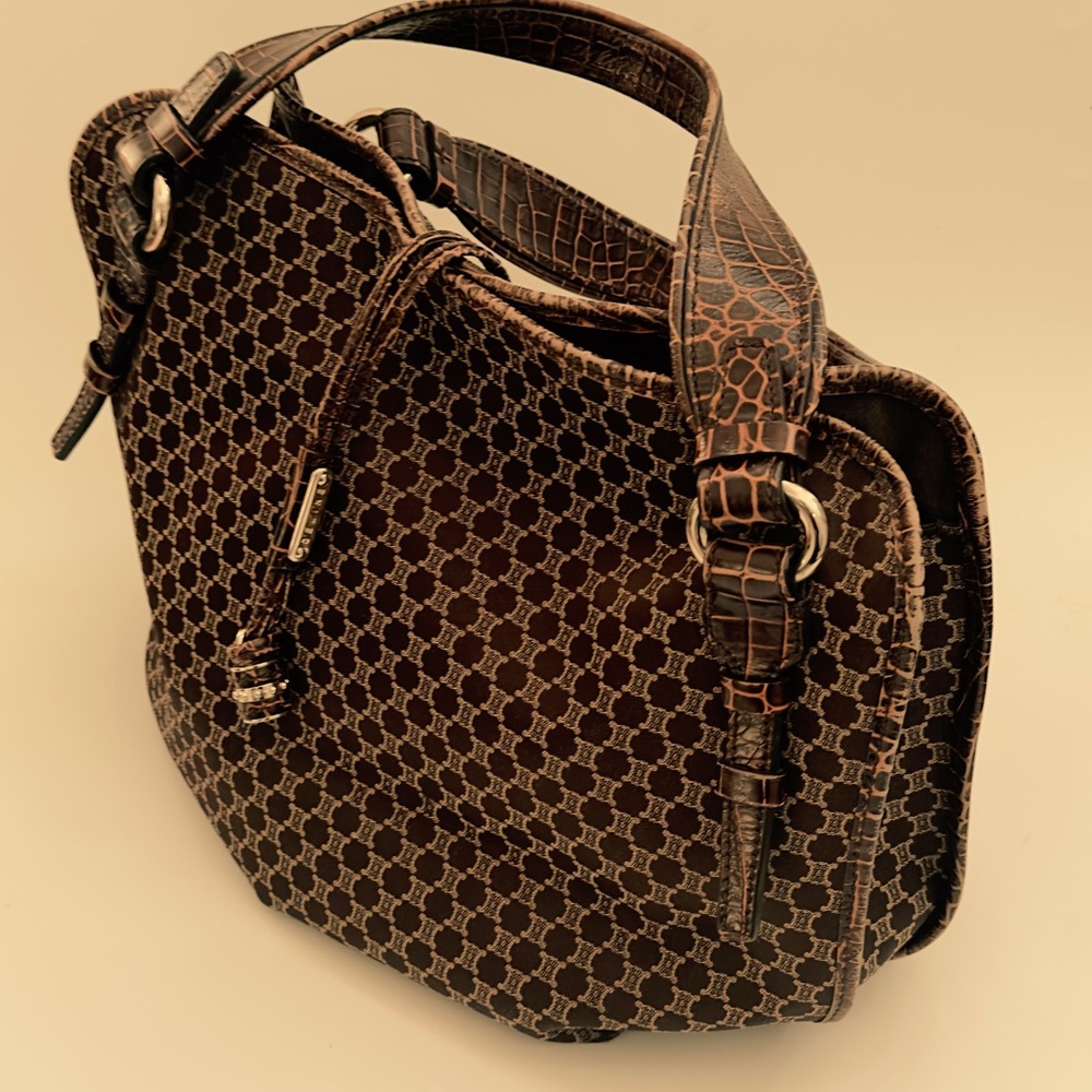 CELINE Bittersweet Triomphe Handbag Tote Bag Nylon Canvas Leather Brown